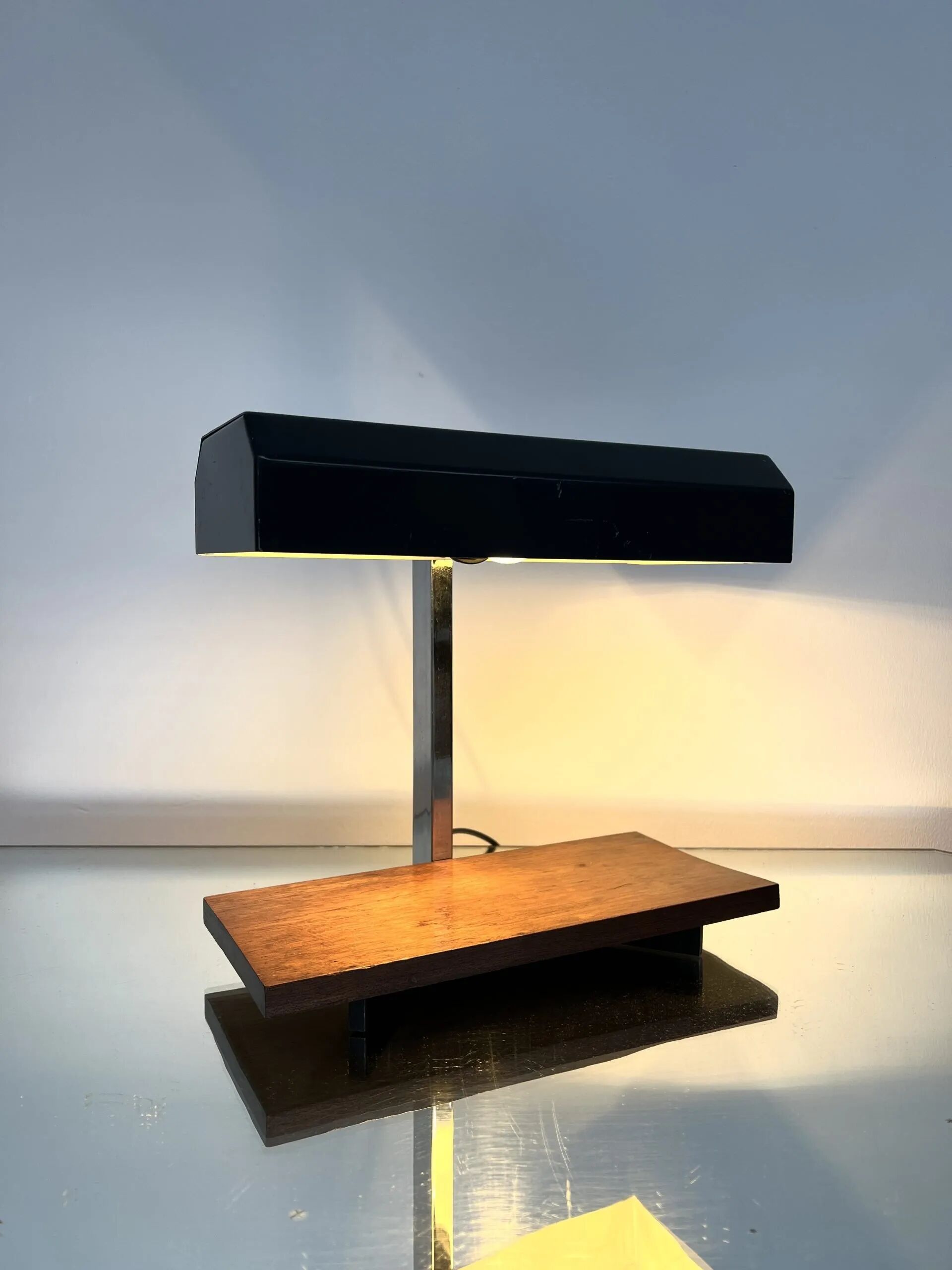 1950s desk lamp with teak base and grey lacquered metal