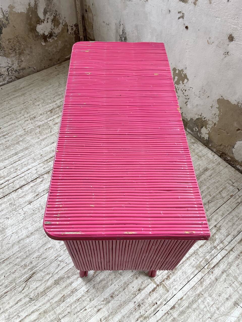 Vintage pink rattan chest of drawers