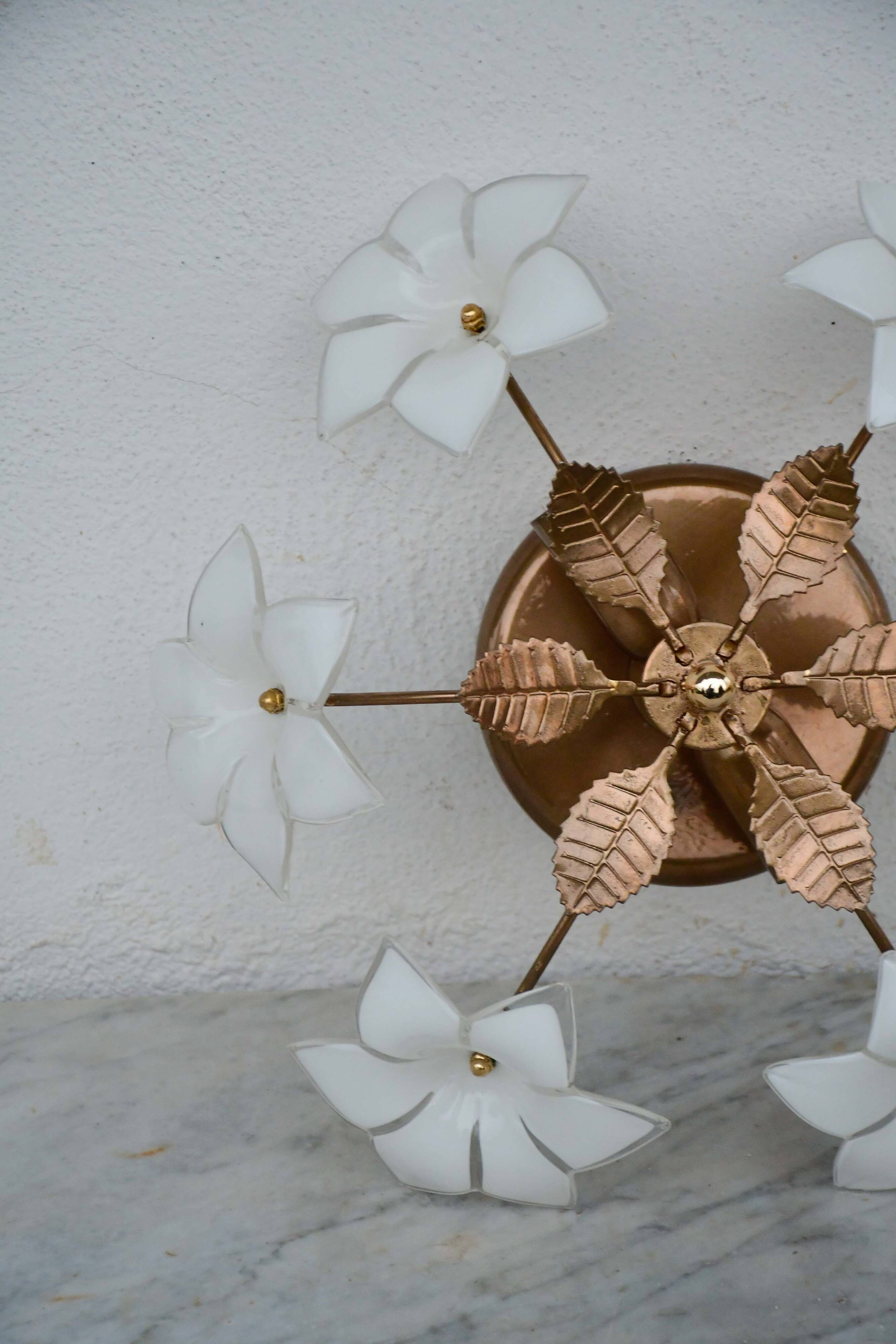Petite vintage Murano ceiling light white flowers, 1970s