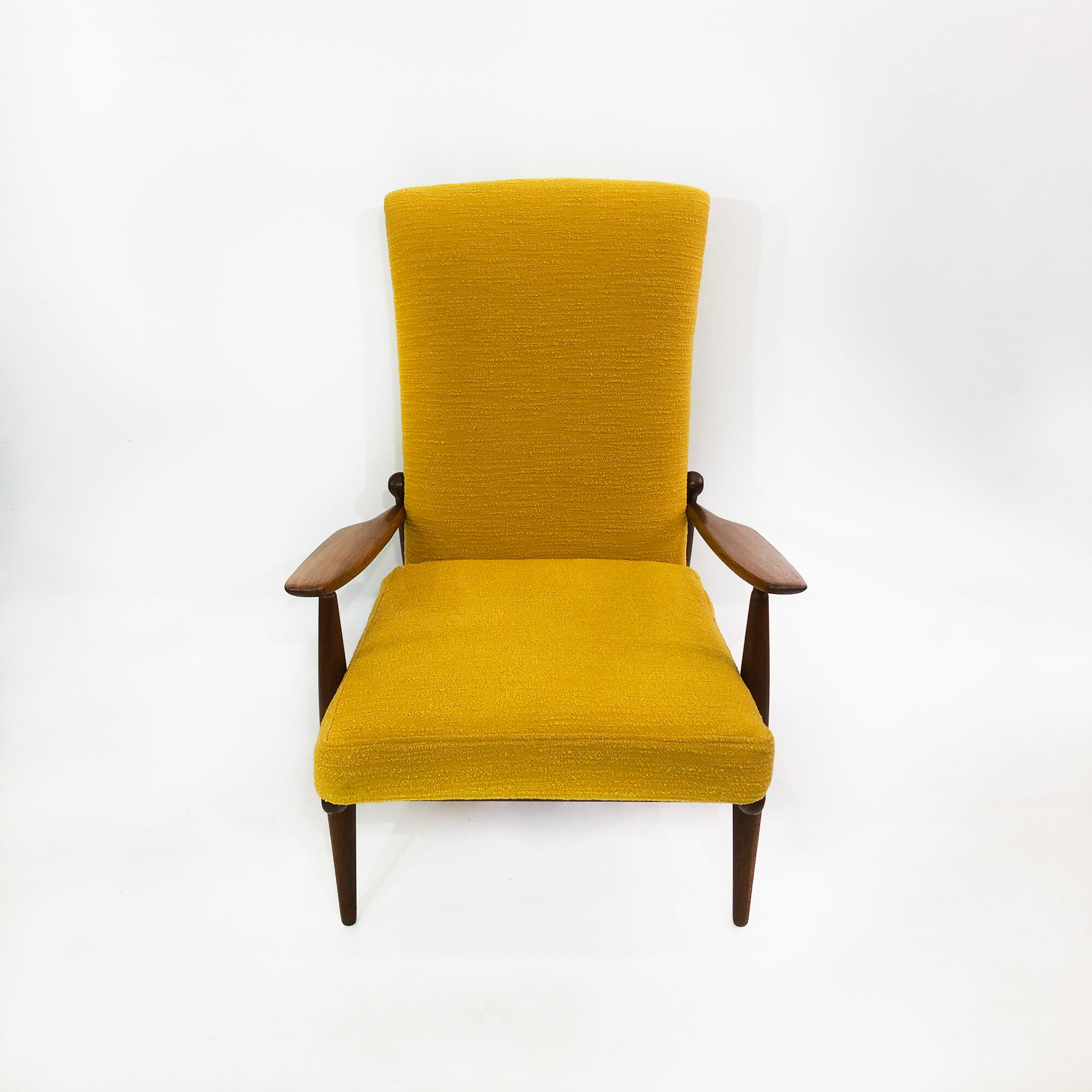 Scandart high back yellow bouclé armchair 60s 70s midcentury vintage retro ercol