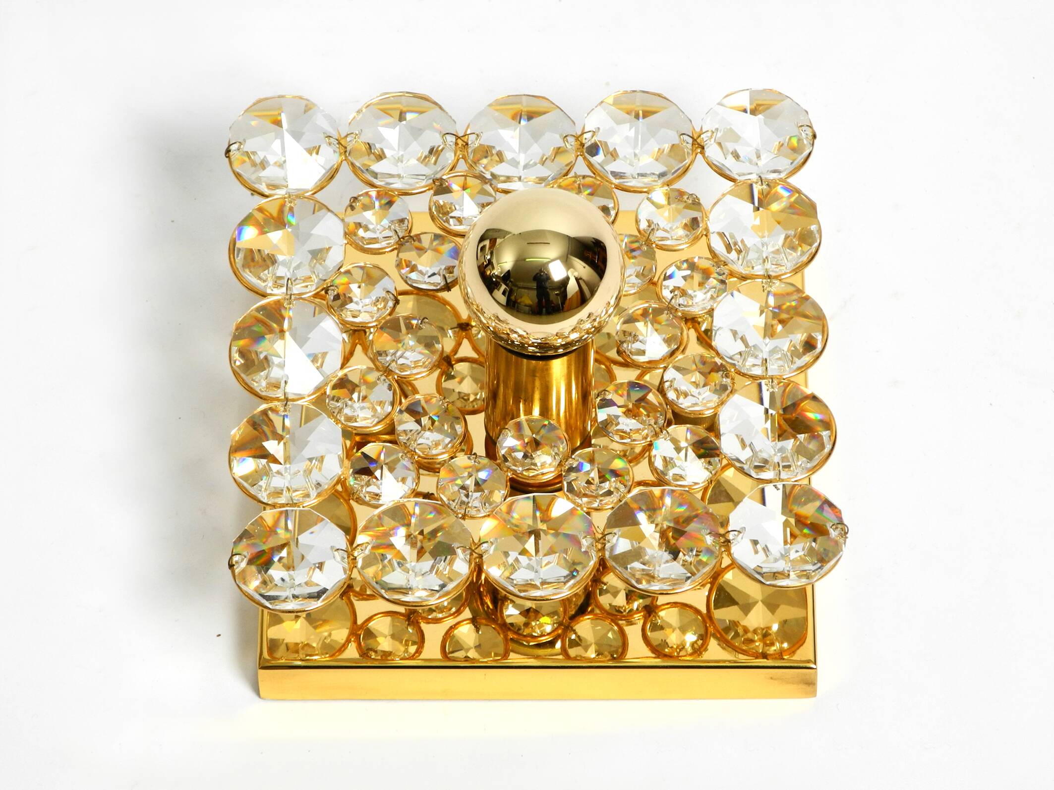 Small 70s Palwa brass ceiling or wall lamp with faceted crystal stones