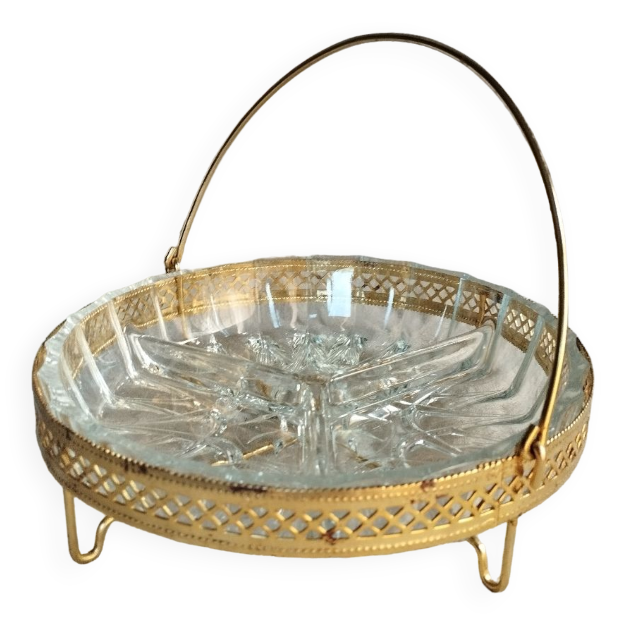 Ancien Plateau De Service Rond En Verre 3 Compartiments - Anse En étain/régule