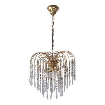 Italian 1950s Waterfall Chandelier – Gold Metal & Glass Prisms