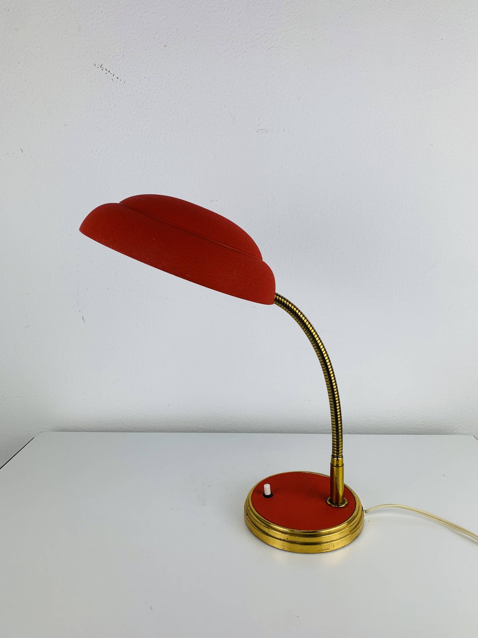 1950s desk lamp, red metal and brass
