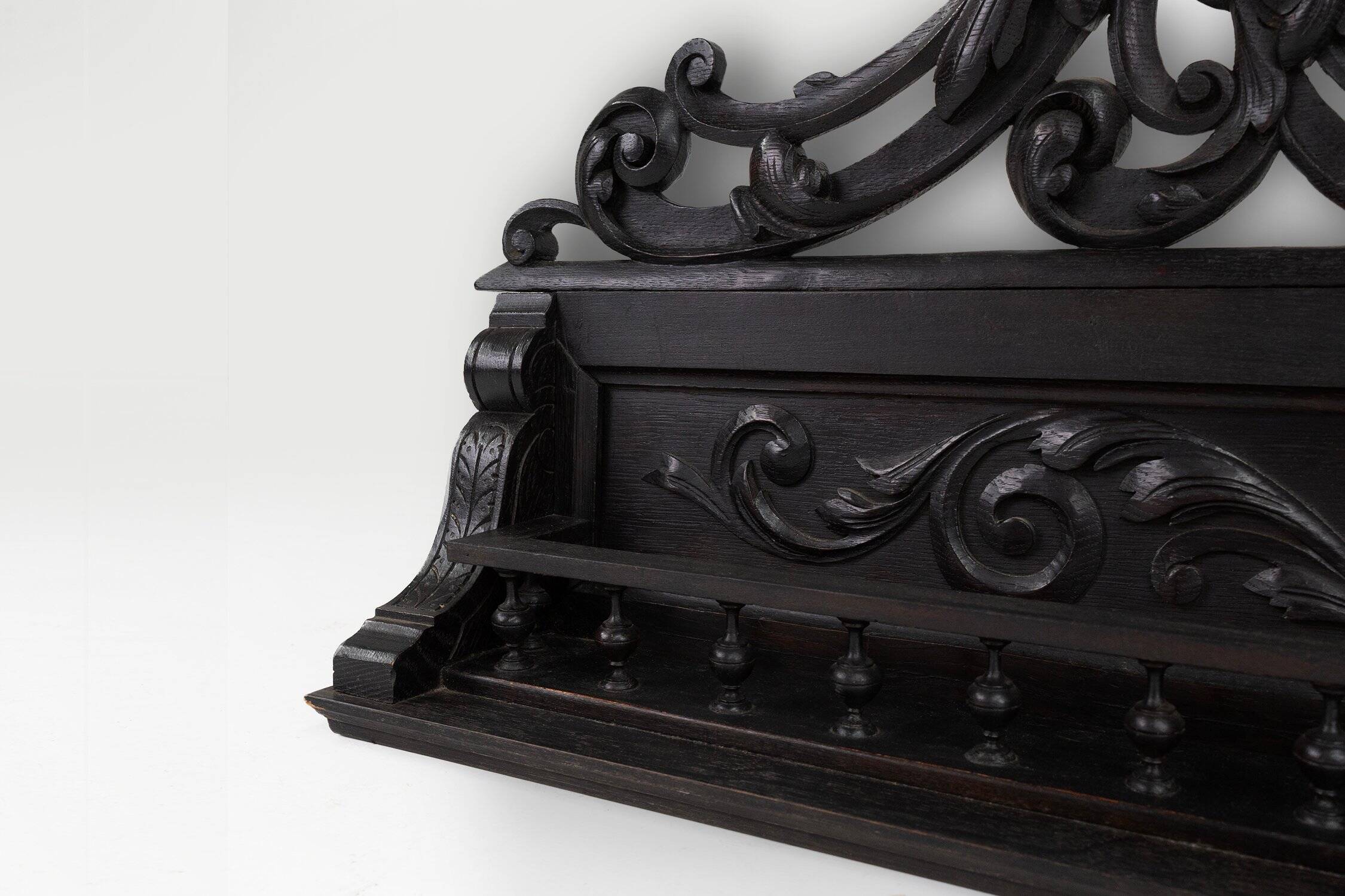 Baroque Richly Carved Black Wooden Sculptured Shelf, France, 1850s