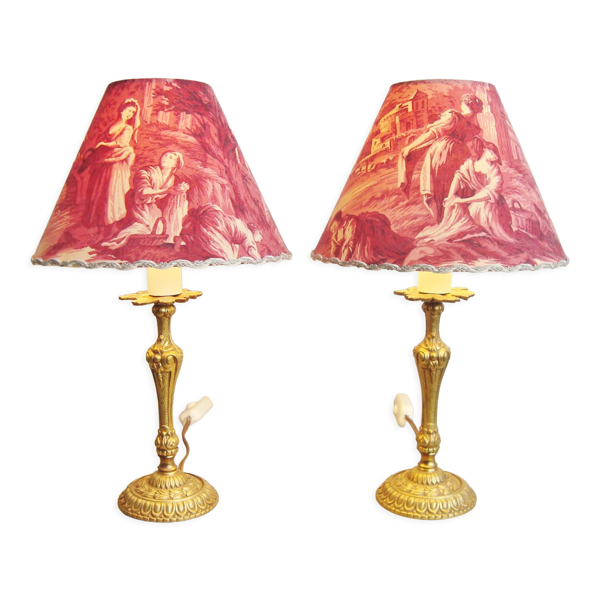 Pair of brass lamps with handmade lampshades in vintage toile de Jouy fabric