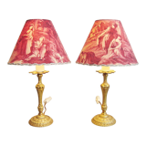 Pair of brass lamps with handmade lampshades in vintage toile de Jouy fabric