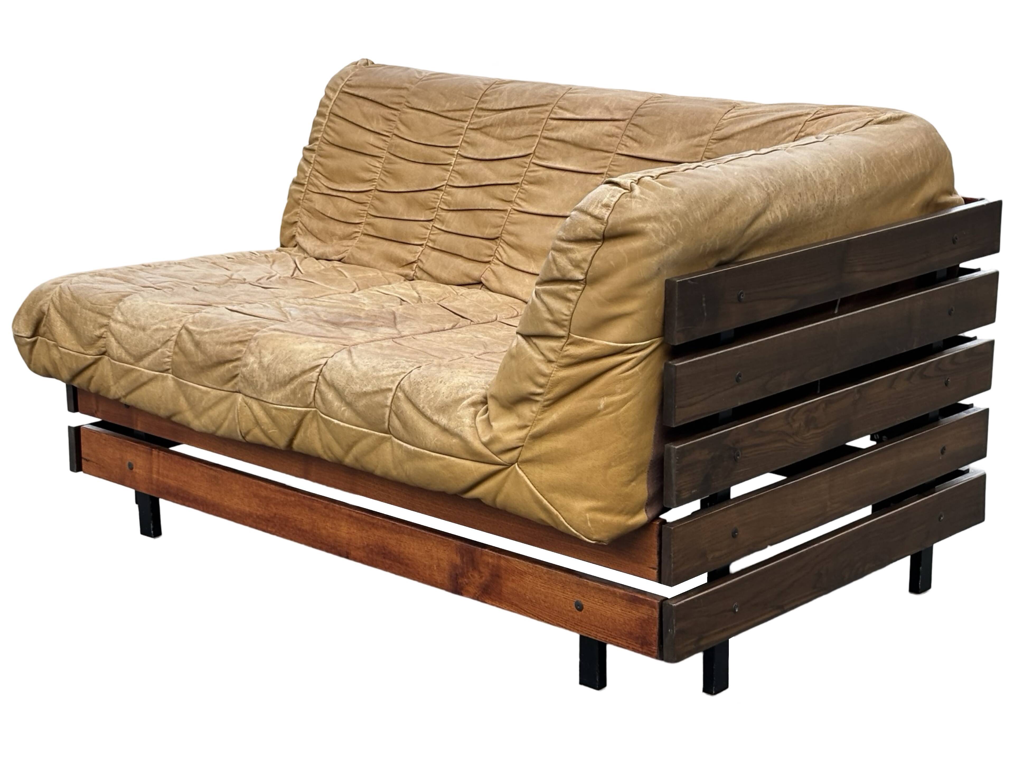 Vintage cognac brown sofa, small slatted model, 1970s