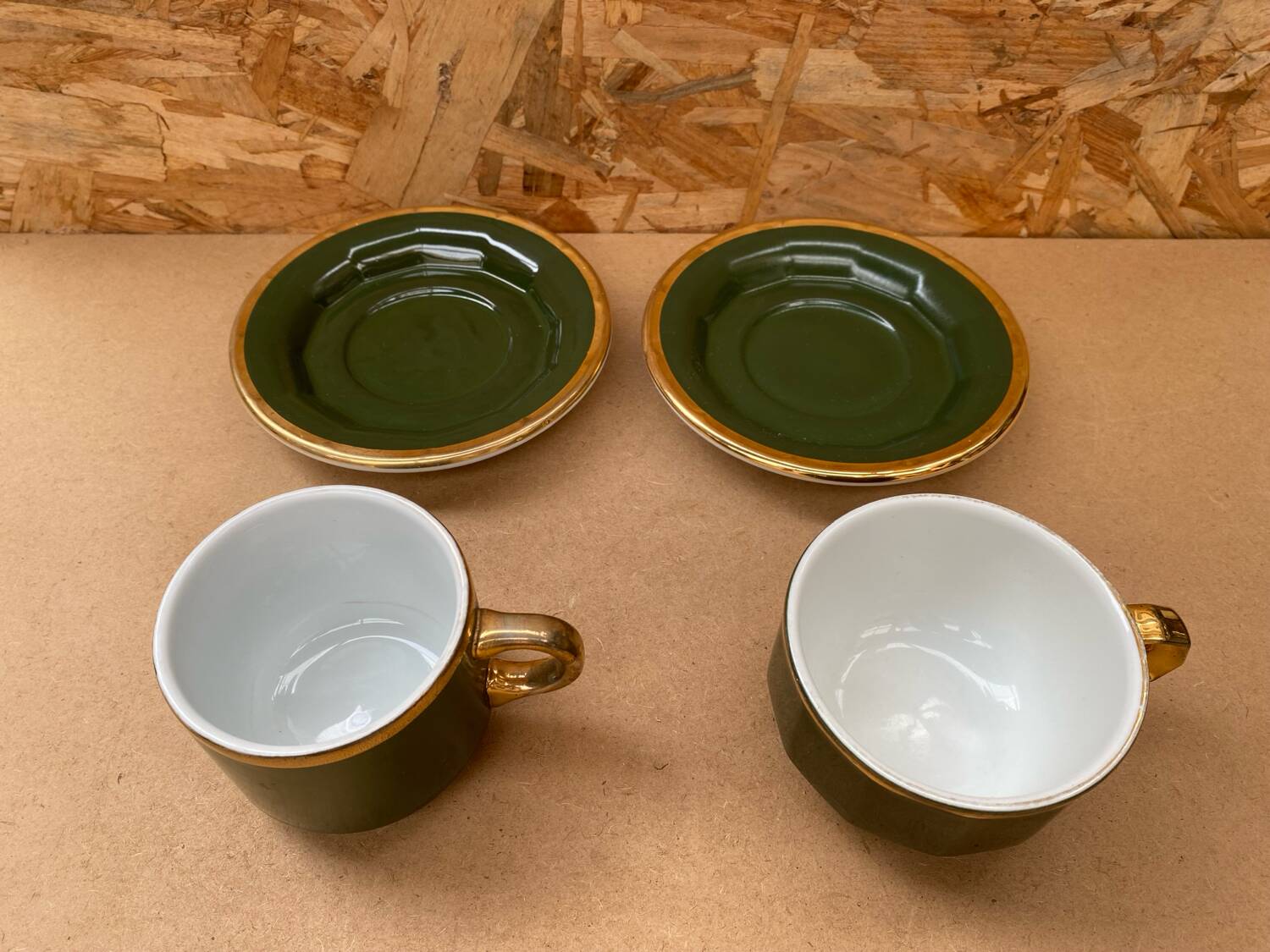 Pair of antique pillivuyt green & gold porcelain vintage cups