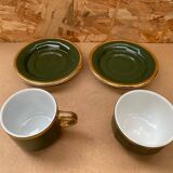 Pair of antique pillivuyt green & gold porcelain vintage cups