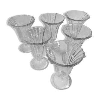 Set of six Italian ice cream cups, vintage glass with scalloped decorations, 15 cm