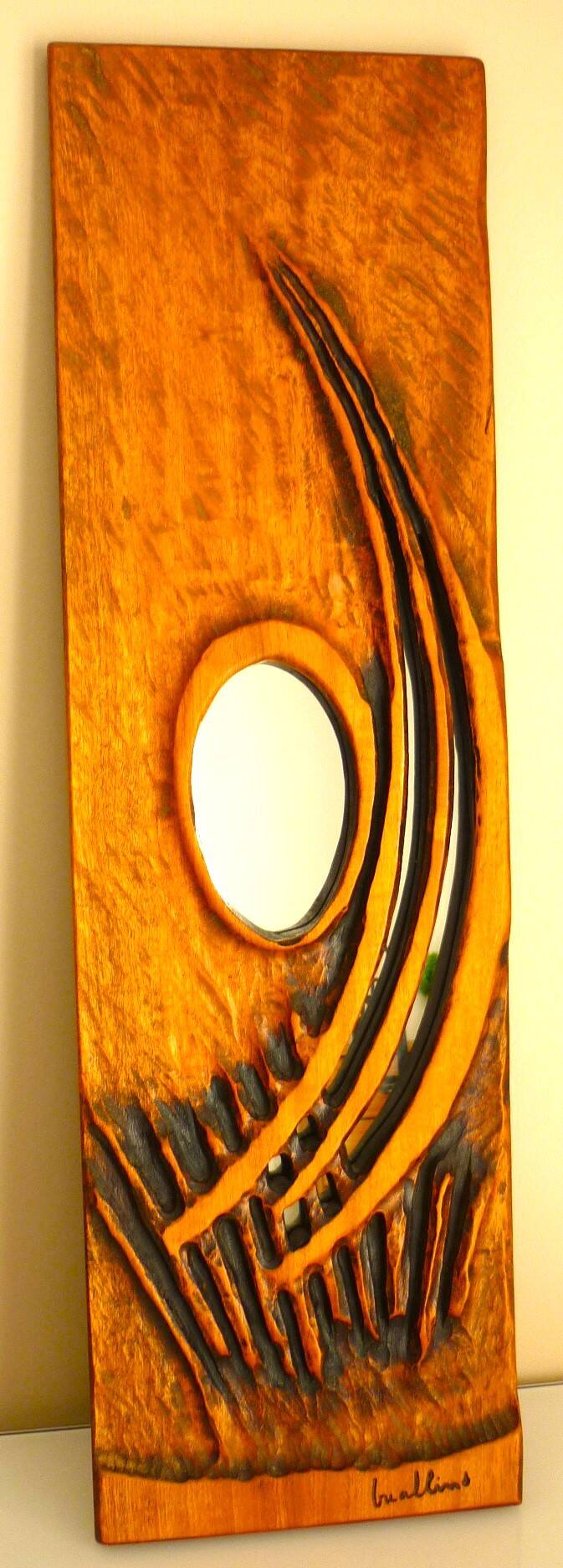 Carved wooden mirror, signed P. Guallino, "le passage", brutalist design from the 80s