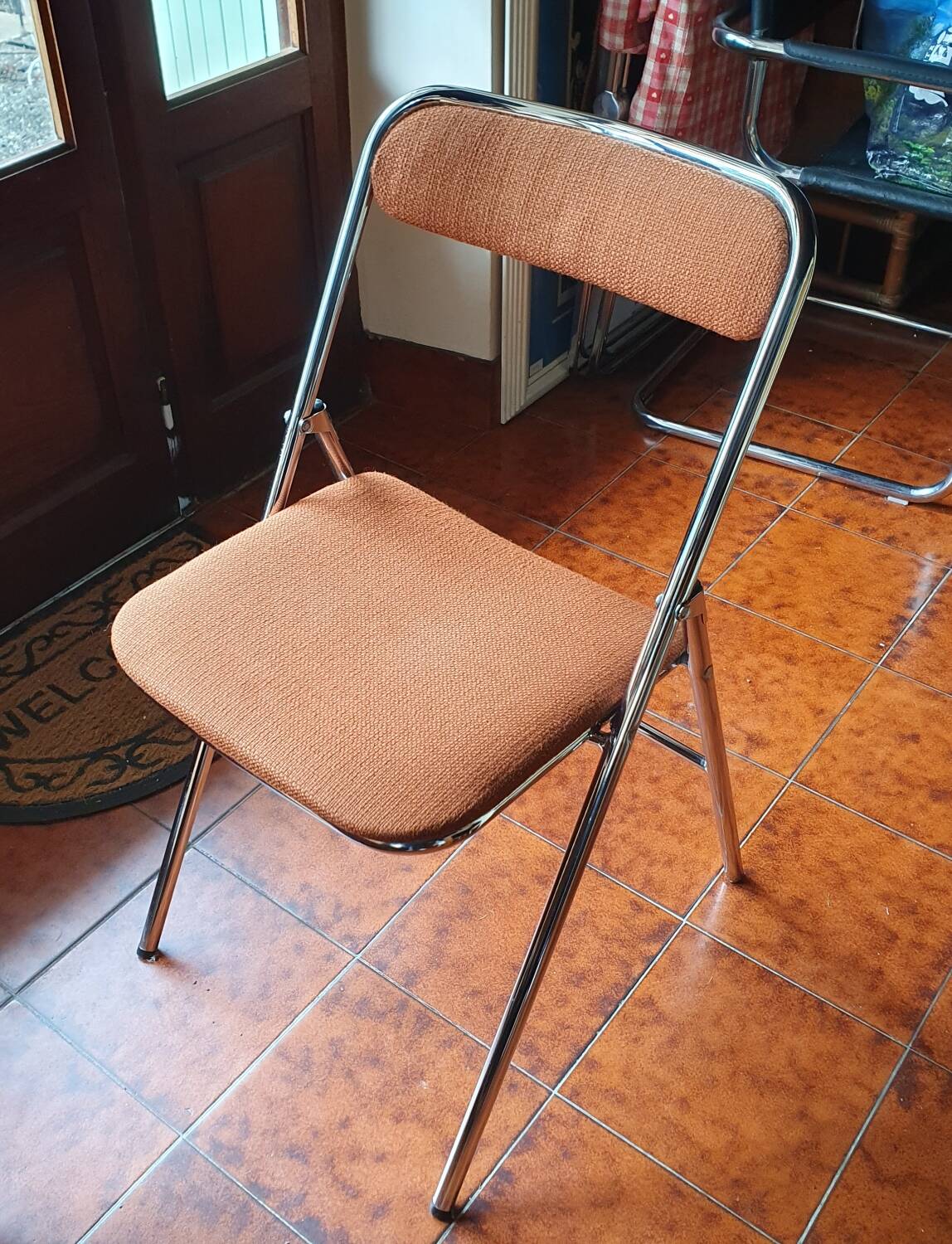 Chaise pliante Souvignet en métal chromé et tissu orange, 1970