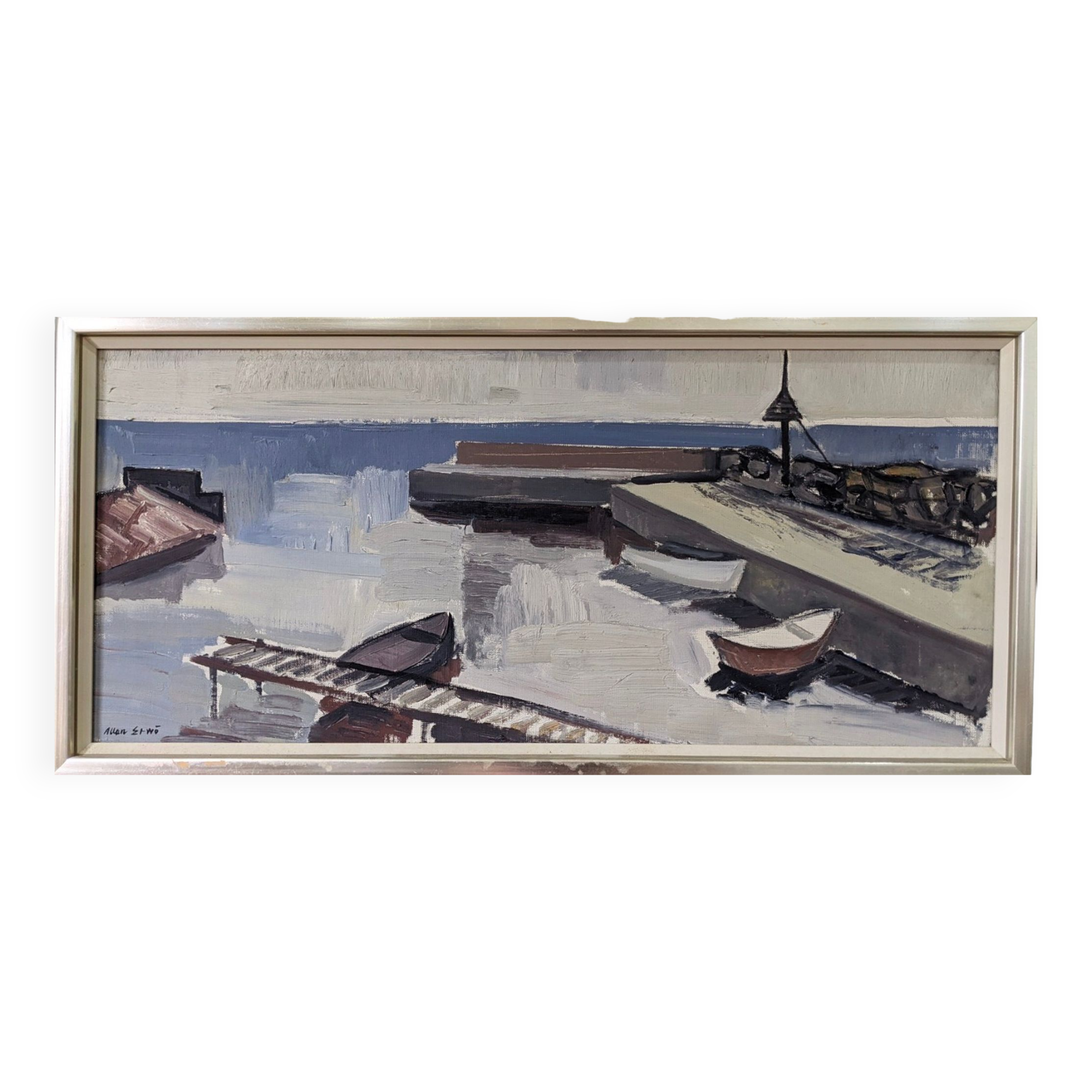 Mid-Century Modern Swedish "Boats at the Jetty" Vintage Coastal Landscape Oil Painting, Framed