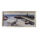 Mid-Century Modern Swedish "Boats at the Jetty" Vintage Coastal Landscape Oil Painting, Framed