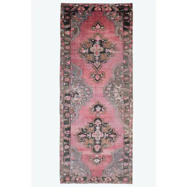 Vintage Turkish hand-knotted wool cotton pink area rug 180x475