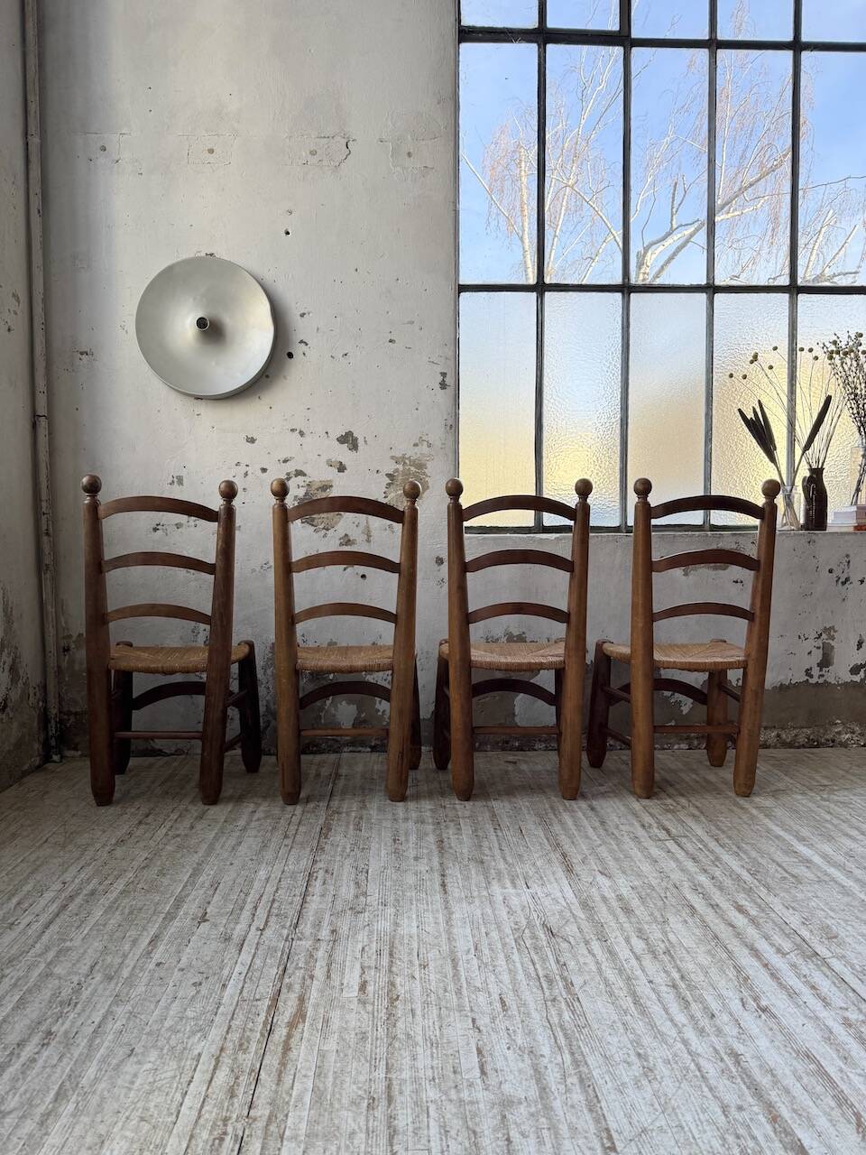 Set of 4 oak and straw chairs Dudouyt 1940