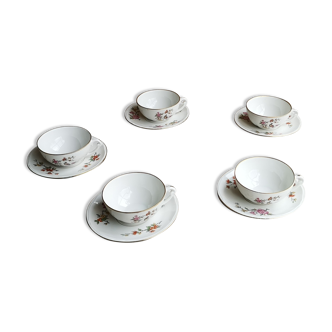 Lot of 5 coffee cups with pillivuyt sauces in porcelain decoration birds and flowers