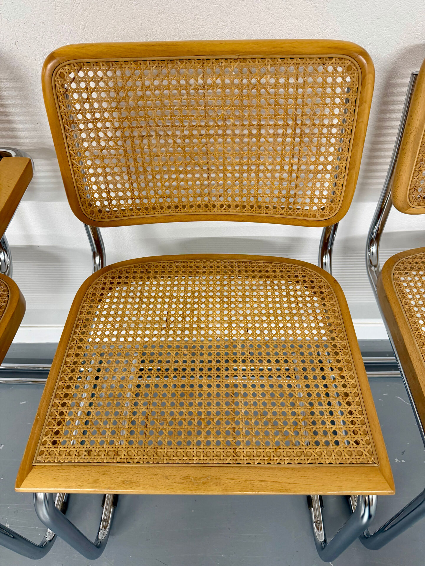 Set of 4 cane cantilever chairs and armchairs, Cesca, 1970s.