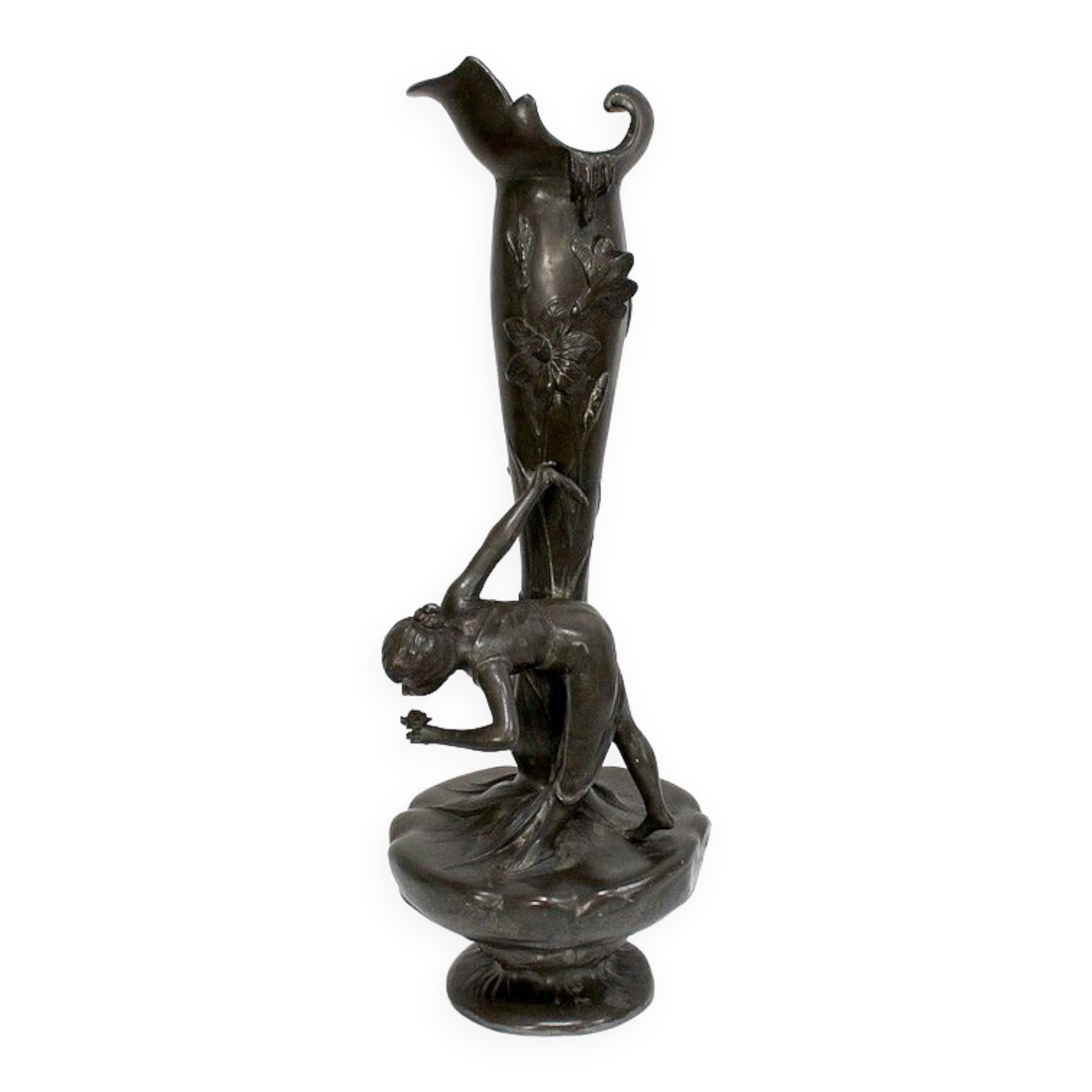 Pewter vase, "Young woman picking a water lily", signed P. Jean, Art Nouveau early twentieth century