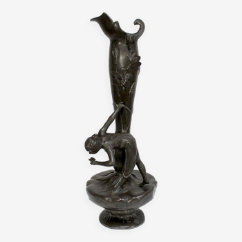 Pewter vase, "Young woman picking a water lily", signed P. Jean, Art Nouveau early twentieth century