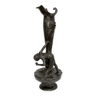 Pewter vase, "Young woman picking a water lily", signed P. Jean, Art Nouveau early twentieth century