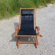Old deckchair deck chair in wood and black leather - 40s