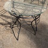 Glass and iron table with two side tables and 8 chairs