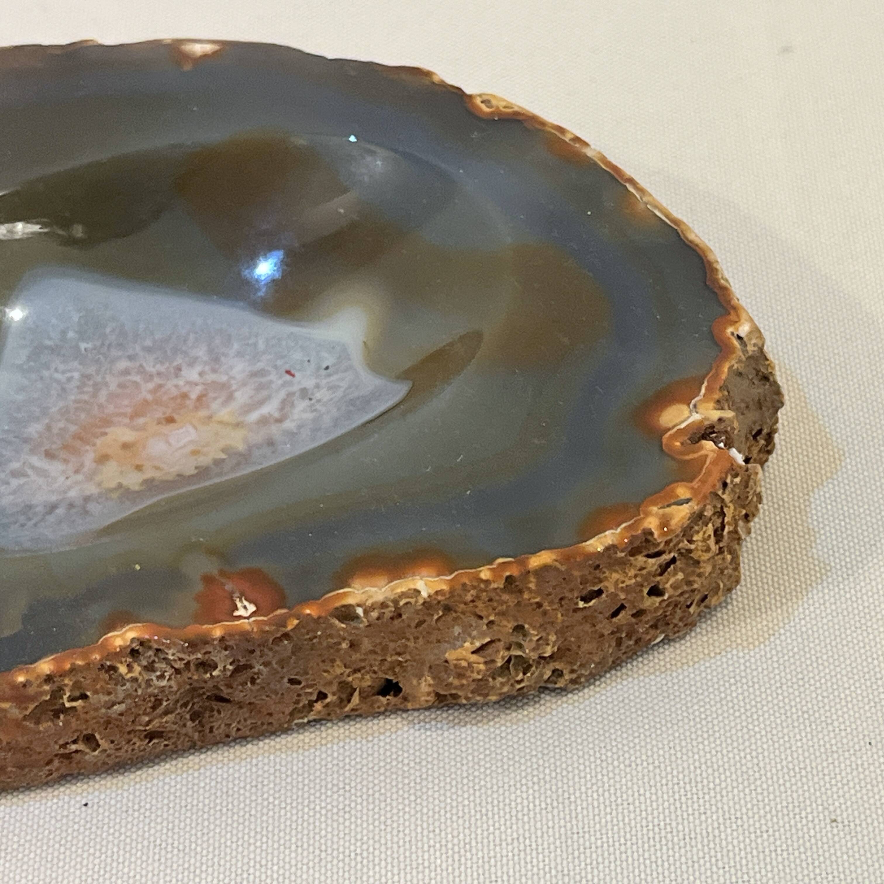 Vintage blue ochre agate slice tray, agate ashtray, 1960s