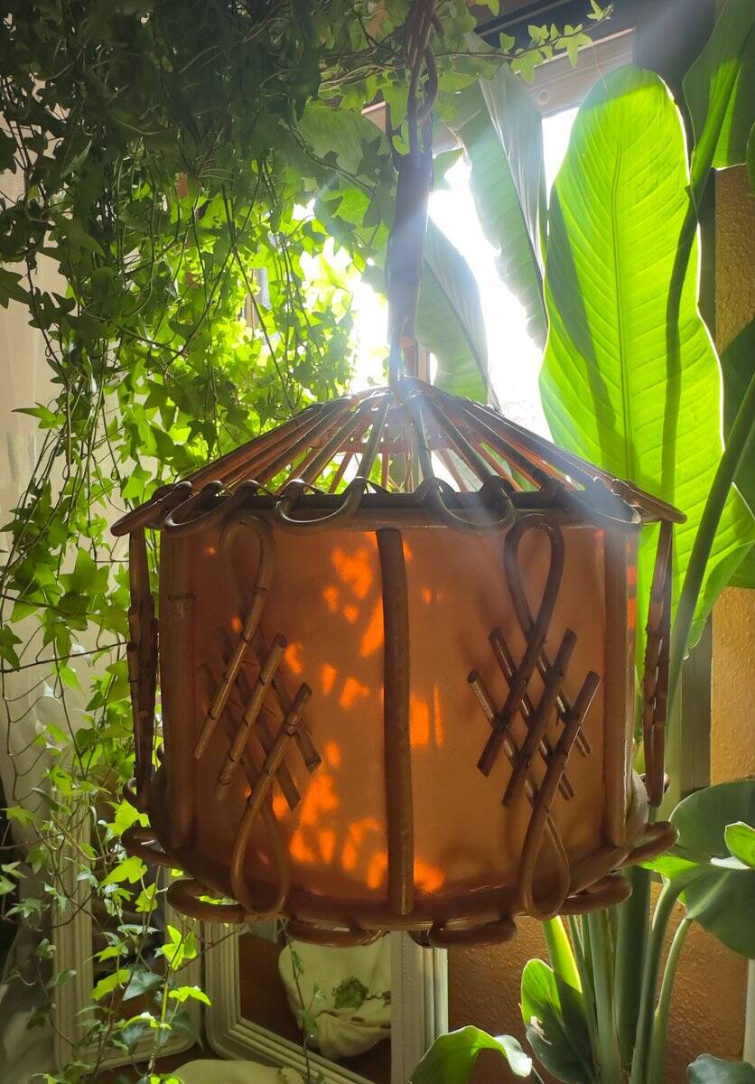 Hanging bamboo lamp with chinoiserie details by Louis Sognot, France, 1950.