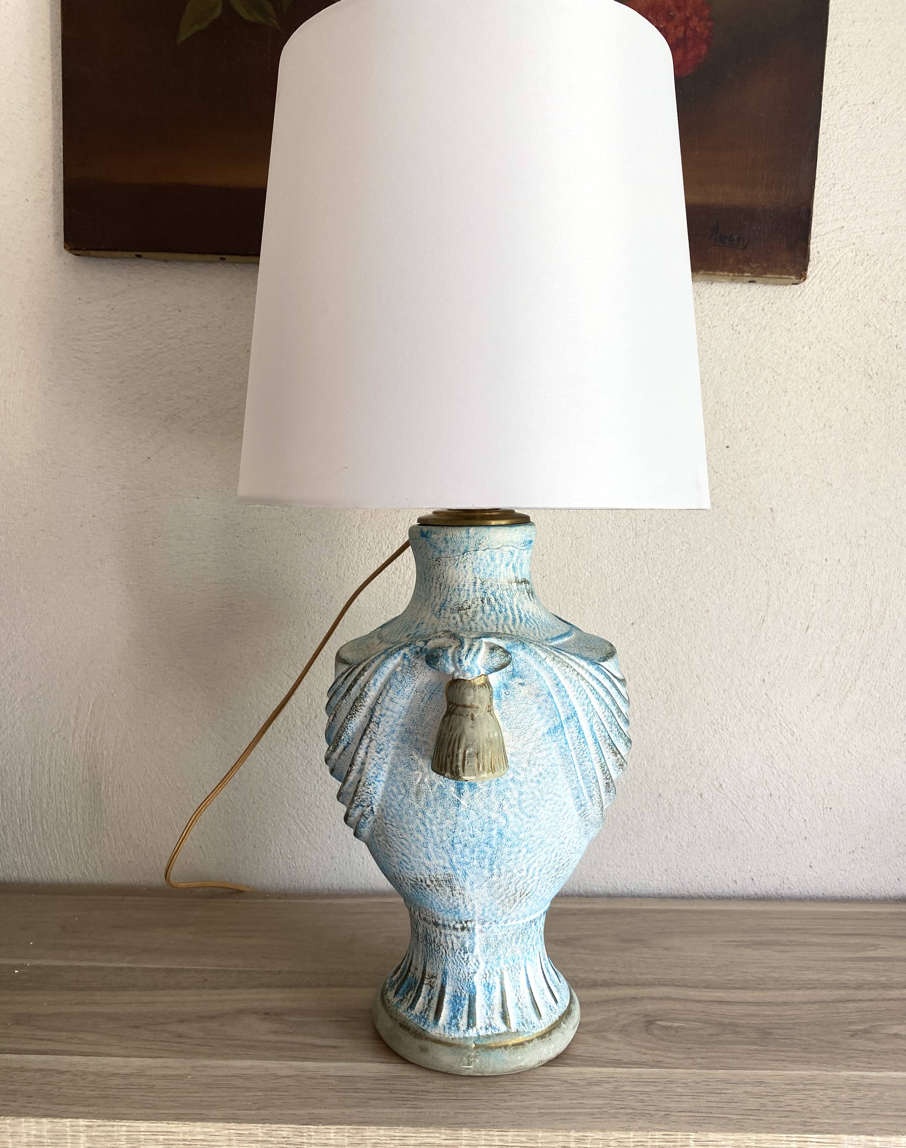 Painted plaster lamp, new 2 M fabric cable, fabric lampshade
