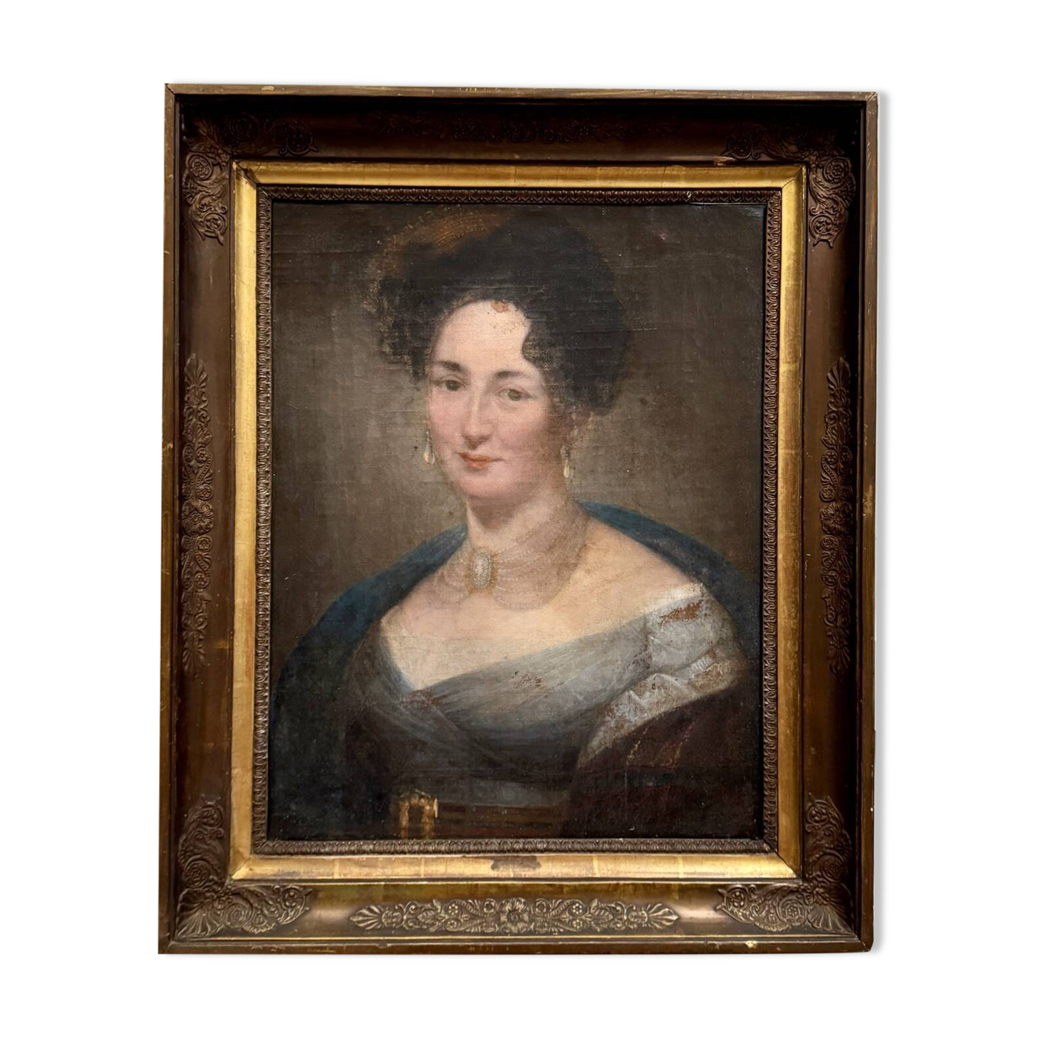 Huile sur toile, portrait de femme Empire, début XIXe, cadre à palmettes