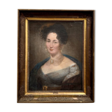 Huile sur toile, portrait de femme Empire, début XIXe, cadre à palmettes