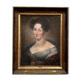 Oil on canvas portrait of a woman, Empire style, early 19th century, frame with palmettes.