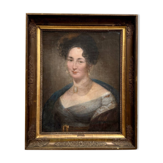 Oil on canvas portrait of a woman, Empire style, early 19th century, frame with palmettes.