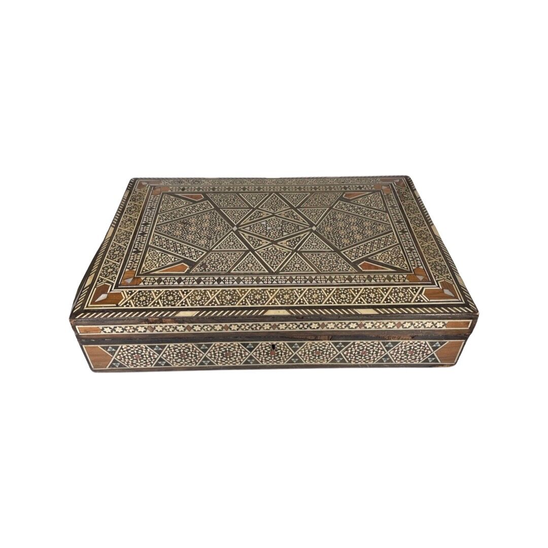 Large Persian marquetry box inlaid with its key