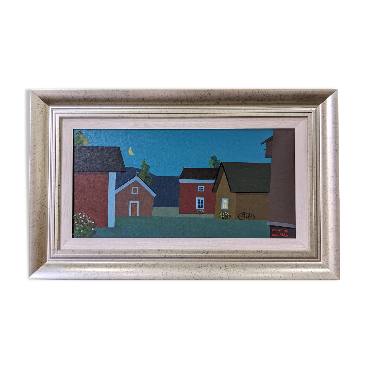 Contemporary Modernist Style Swedish "Houses at Midnight" Framed Street Scene Oil Painting, 1998