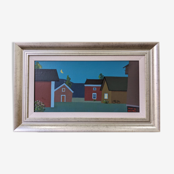 Contemporary Modernist Style Swedish "Houses at Midnight" Framed Street Scene Oil Painting, 1998