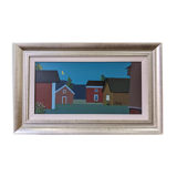 Style moderniste contemporain suédois « Maisons à minuit » Peinture à l’huile encadrée de scène de rue, 1998