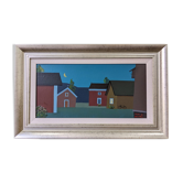 Style moderniste contemporain suédois « Maisons à minuit » Peinture à l’huile encadrée de scène de rue, 1998