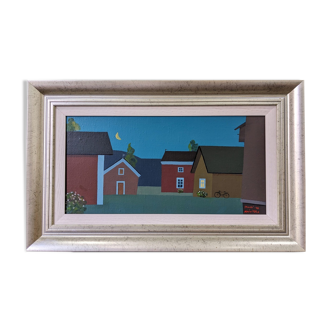 Contemporary Modernist Style Swedish "Houses at Midnight" Framed Street Scene Oil Painting, 1998