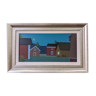 Contemporary Modernist Style Swedish "Houses at Midnight" Framed Street Scene Oil Painting, 1998