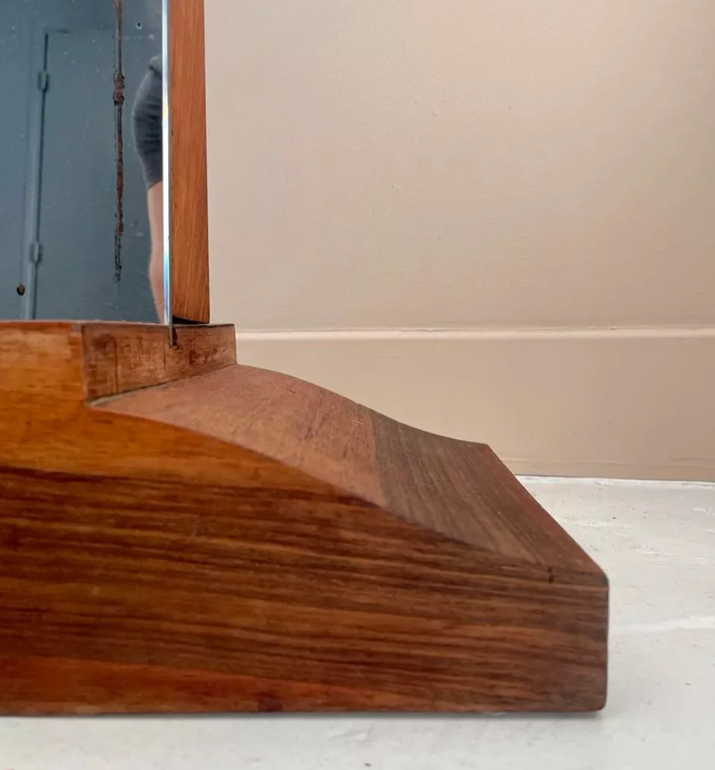 Vintage psyche art-deco mirror, oak and brass, France 1930