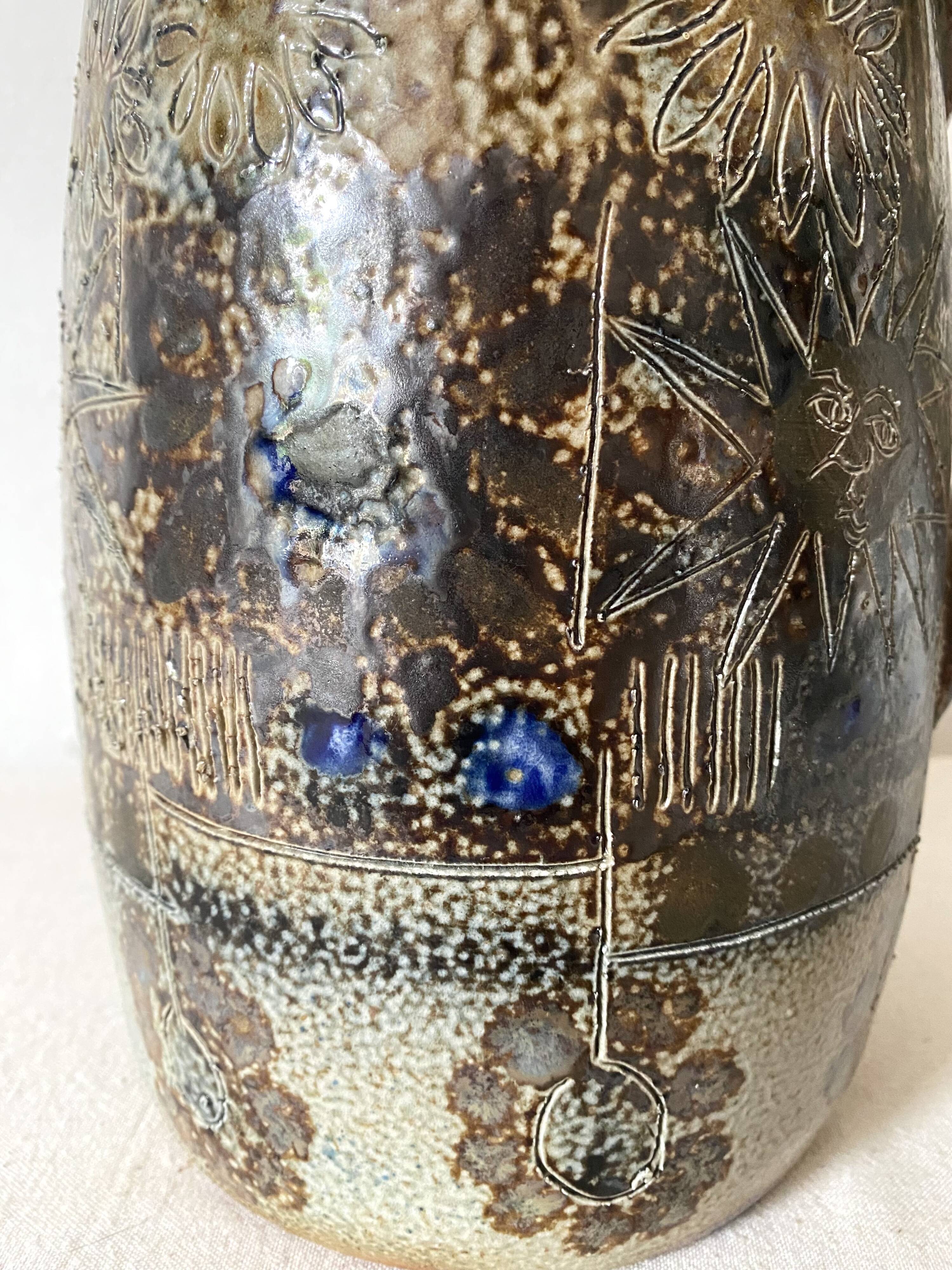 Large enamelled stoneware pitcher JC Courjault Kéraluc signed 31 cm, 1970s