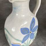Vintage signed stoneware pitcher jug with floral painting decoration