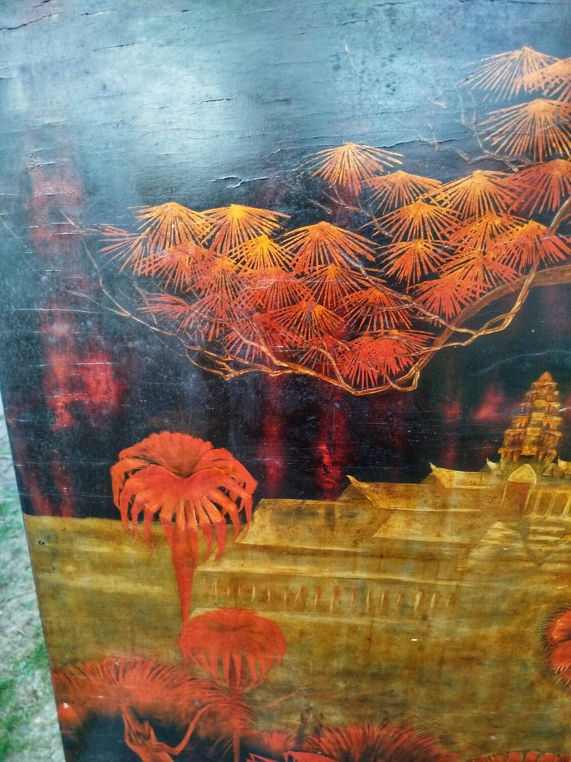 Antique lacquered wooden panel "The Temple of Angkor" 1920