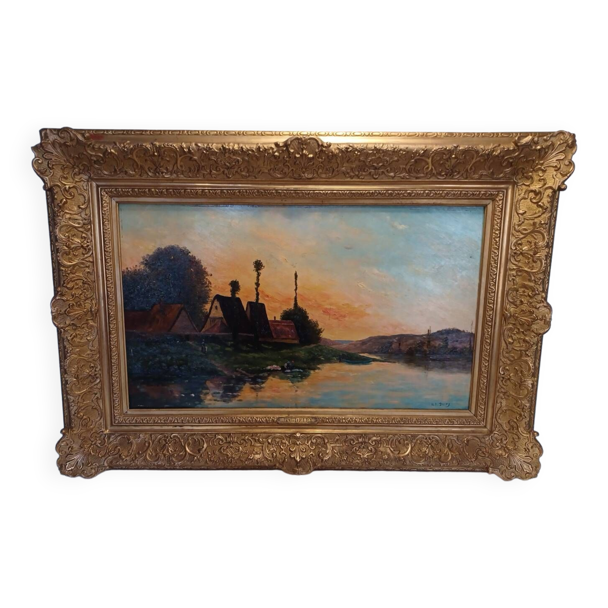Large painting by Henry Jacques Delpy, Banks of the Seine at Dusk. Early 20th century.