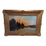 Grand tableau de henry jacques delpy, bord de seine au crepuscule. debut xx ème siècle.