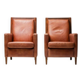 Paire de fauteuils Art déco en cuir marron et teck, Pays-Bas, années 1970
