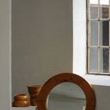 Large round wall mirror in solid pine by Glasmäster Markaryd, Sweden, 1960s.